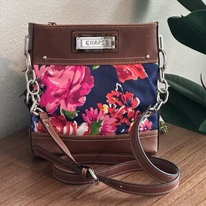 Chaps Navy Floral Crossbody with Brown Trim - Excellent Condition!